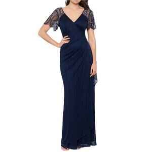 Xscape Women's Navy Sheer Flutter Sleeve V-Neck Beaded Slim Gown Size 10